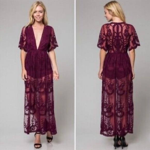 🌹Honey Punch Elegant Burgundy Lace Maxi Dress - Picture 1 of 10